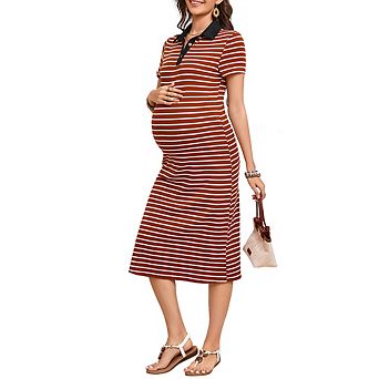 Maternity Dress Summer Collared V Neck Short Sleeve Striped Knit Button Side Slit Bodycon Midi Dress