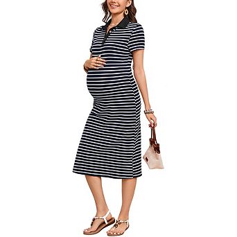 Maternity Dress Summer Collared V Neck Short Sleeve Striped Knit Button Side Slit Bodycon Midi Dress