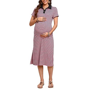 Maternity Dress Summer Collared V Neck Short Sleeve Striped Knit Button Side Slit Bodycon Midi Dress