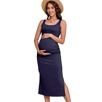 Maternity Dress Ribbed Knit Sleeveless Tank Round Neck Split Ruched Bodycon Baby Shower Dress