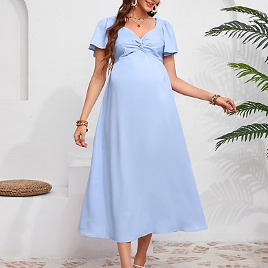 Maternity Dress Ruffle Short Sleeve V Neck Twist Front Summer A Line Midi Dress Baby Shower