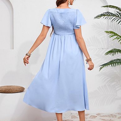 Maternity Dress Ruffle Short Sleeve V Neck Twist Front Summer A Line Midi Dress Baby Shower