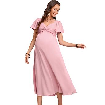 Maternity Dress Ruffle Short Sleeve V Neck Twist Front Summer A Line Midi Dress Baby Shower