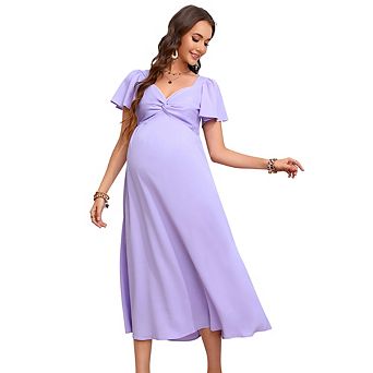 Maternity Dress Ruffle Short Sleeve V Neck Twist Front Summer A Line Midi Dress Baby Shower