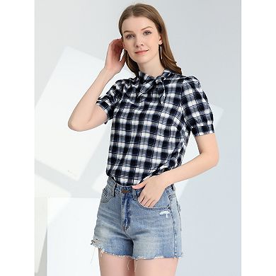 Women's Work Top Summer Tie Neck Short Sleeve Chiffon Pullover Plaid Blouse