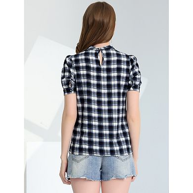 Women's Work Top Summer Tie Neck Short Sleeve Chiffon Pullover Plaid Blouse