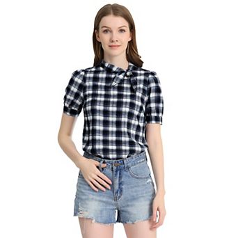 Women's Work Top Summer Tie Neck Short Sleeve Chiffon Pullover Plaid Blouse