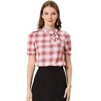 Women's Work Top Summer Tie Neck Short Sleeve Chiffon Pullover Plaid Blouse