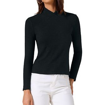 Women's Asymmetrical Collar T-Shirts Solid Color Long Sleeves Slim Fitted Basic Tops