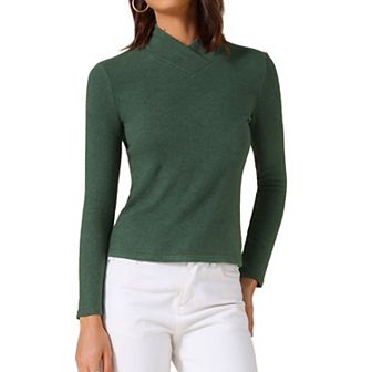 Women's Asymmetrical Collar T-Shirts Solid Color Long Sleeves Slim Fitted Basic Tops