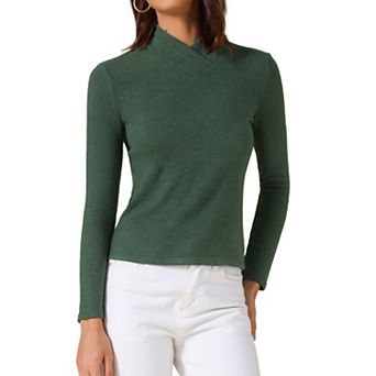 Women's Asymmetrical Collar T-Shirts Solid Color Long Sleeves Slim Fitted Basic Tops