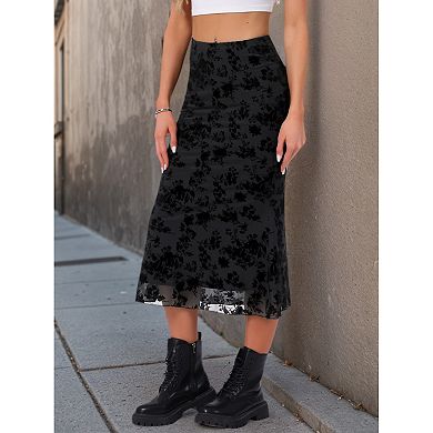 Floral Skirt for Women's Elastic High Waist Mesh Fishtail Fall Winter Elegant Midi Skirt