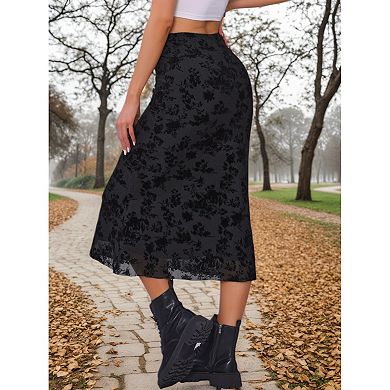 Floral Skirt for Women's Elastic High Waist Mesh Fishtail Fall Winter Elegant Midi Skirt