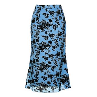 Floral Skirt for Women's Elastic High Waist Mesh Fishtail Fall Winter Elegant Midi Skirt