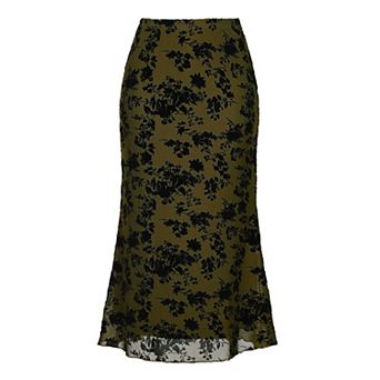Floral Skirt for Women's Elastic High Waist Mesh Fishtail Fall Winter Elegant Midi Skirt