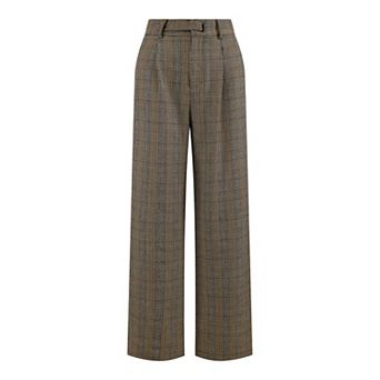 Women's Plaid Work Pant Vintage Houndstooth Wide Leg Straight Long Trousers
