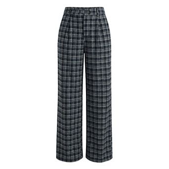 Women's Plaid Work Pant Vintage Houndstooth Wide Leg Straight Long Trousers