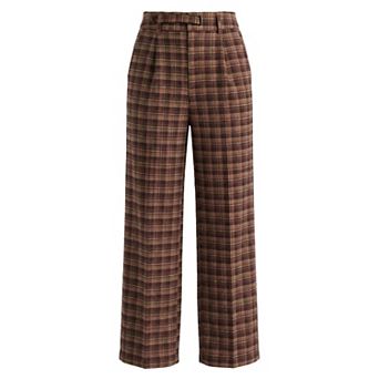Women's Plaid Work Pant Vintage Houndstooth Wide Leg Straight Long Trousers