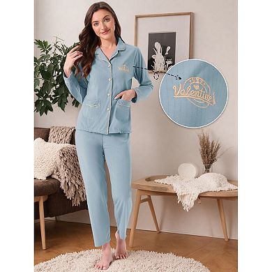Women's Lounge Set Cotton Ribbed Button Up Long Sleeve Top Pants with Pocket Pajama Set Loungewear