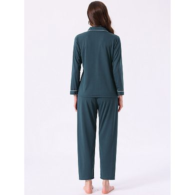 Women's Lounge Set Cotton Ribbed Button Up Long Sleeve Top Pants with Pocket Pajama Set Loungewear