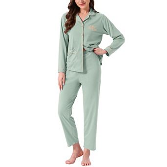 Women's Lounge Set Cotton Ribbed Button Up Long Sleeve Top Pants with Pocket Pajama Set Loungewear