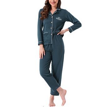 Women's Lounge Set Cotton Ribbed Button Up Long Sleeve Top Pants with Pocket Pajama Set Loungewear