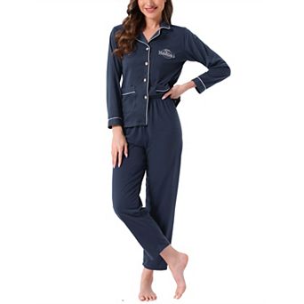 Women's Lounge Set Cotton Ribbed Button Up Long Sleeve Top Pants with Pocket Pajama Set Loungewear