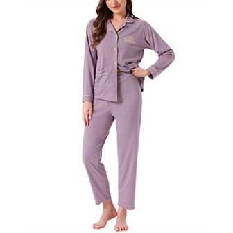 Women's Lounge Set Cotton Ribbed Button Up Long Sleeve Top Pants with Pocket Pajama Set Loungewear