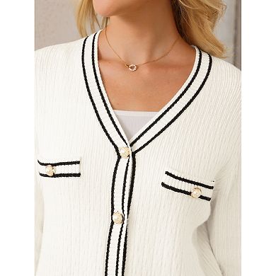 Women's V Neck Cardigan Sweater Long Sleeve Contrast Trim Knit Ribbed Jacket