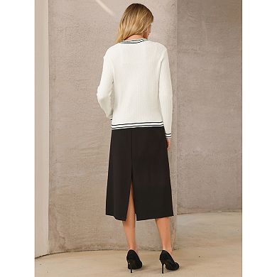 Women's V Neck Cardigan Sweater Long Sleeve Contrast Trim Knit Ribbed Jacket