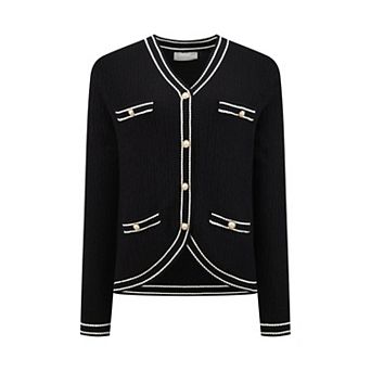 Women's V Neck Cardigan Sweater Long Sleeve Contrast Trim Knit Ribbed Jacket