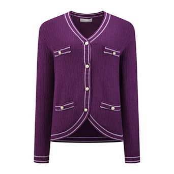 Women's V Neck Cardigan Sweater Long Sleeve Contrast Trim Knit Ribbed Jacket