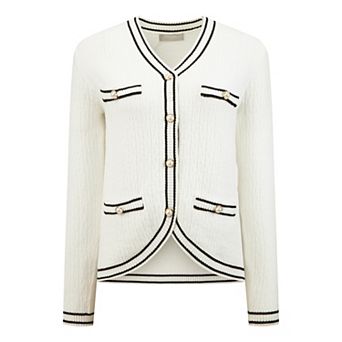 Women's V Neck Cardigan Sweater Long Sleeve Contrast Trim Knit Ribbed Jacket