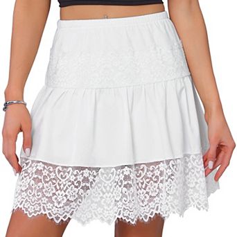 Lace Mini Skirt for Women's Ruffle Elastic Waist Layered Pleated Flowy A-Line Skirt