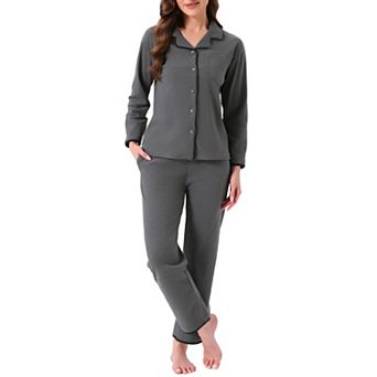 Women's Pajama Set Fleece Flannel Button Up Long Sleeve Notched Collar Pants with Pockets Loungewear
