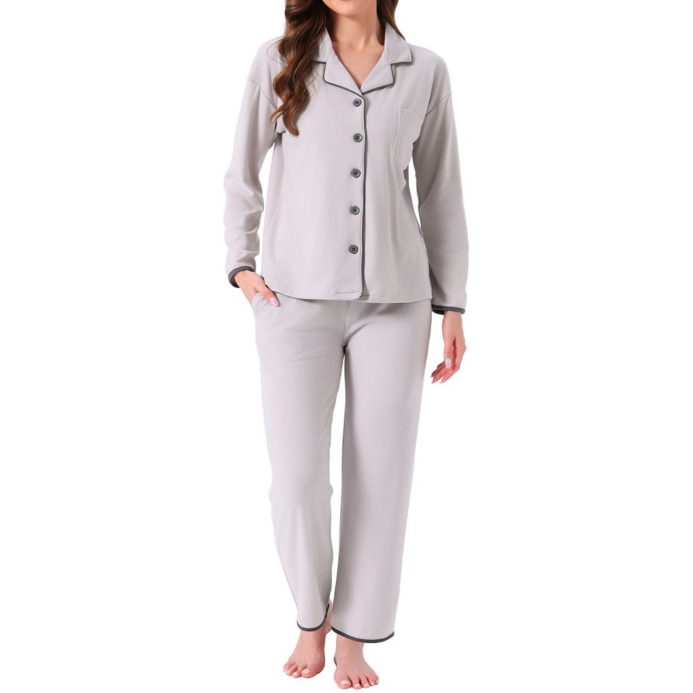 Women's Contrast Banded Collar Long Sleeve Pants Pajama Set