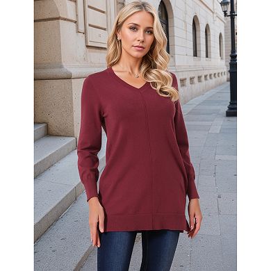 Women's V Neck Long Sleeve Oversized Sweater with Pockets Loose Chunky Tunic Pullover Top