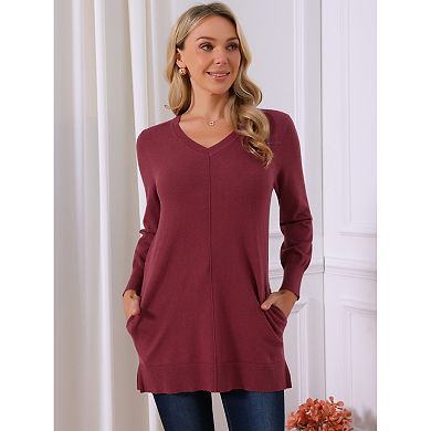 Women's V Neck Long Sleeve Oversized Sweater with Pockets Loose Chunky Tunic Pullover Top