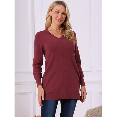 Women's V Neck Long Sleeve Oversized Sweater with Pockets Loose Chunky Tunic Pullover Top