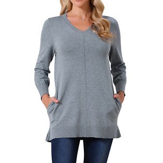 Women's V Neck Long Sleeve Oversized Sweater with Pockets Loose Chunky Tunic Pullover Top