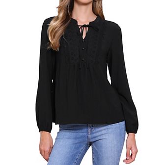 Long Sleeve Dressy Casual Blouse Tops for Women's Button Down V Neck Lace Fall Spring Shirts