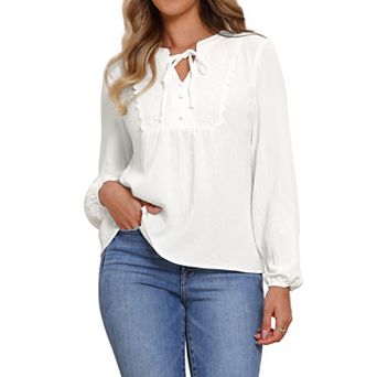 Long Sleeve Dressy Casual Blouse Tops for Women's Button Down V Neck Lace Fall Spring Shirts