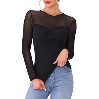 Women's Tops Sheer Mesh Long Sleeve Crew Neck Double Layered Going Out Party Club See Through Shirts