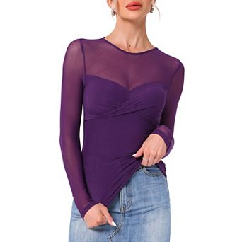 Women's Tops Sheer Mesh Long Sleeve Crew Neck Double Layered Going Out Party Club See Through Shirts