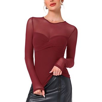 Women's Tops Sheer Mesh Long Sleeve Crew Neck Double Layered Going Out Party Club See Through Shirts