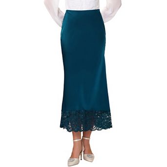 Women's Satin Skirt Formal Lace Trim High Waist Cocktail Evening Bodycon Long Maxi Skirts