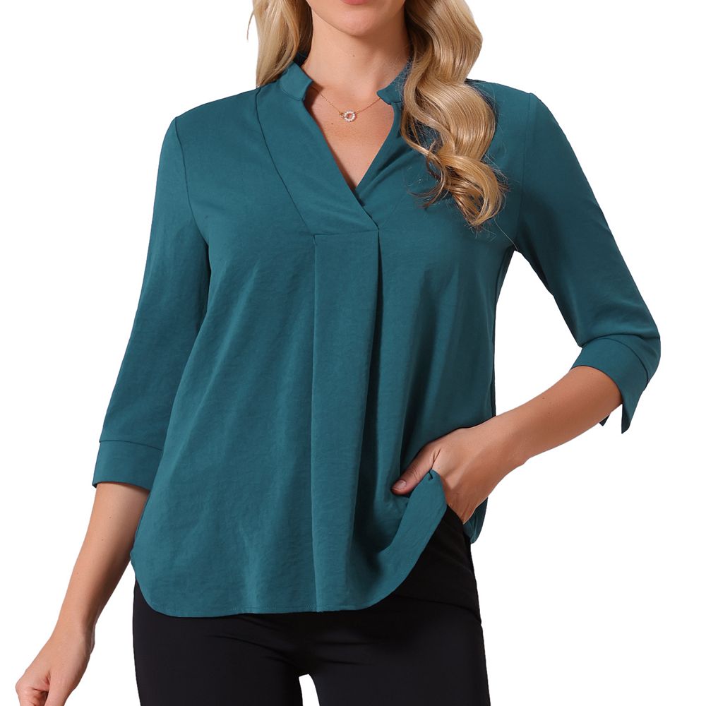 Women's 3/4 Sleeve Tops V Neck Pleated Work Blouses Dressy Casual ...
