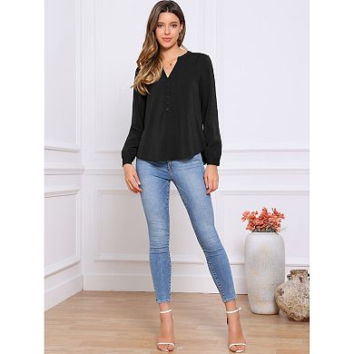 V Neck Button Front Top for Women's Long Sleeve Casual Dressy Top
