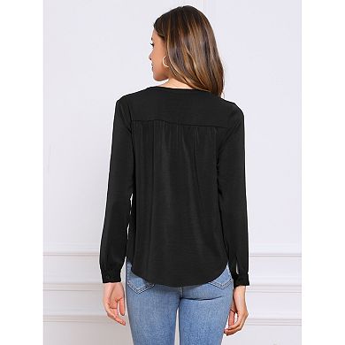 V Neck Button Front Top for Women's Long Sleeve Casual Dressy Top
