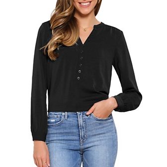 V Neck Button Front Top for Women's Long Sleeve Casual Dressy Top